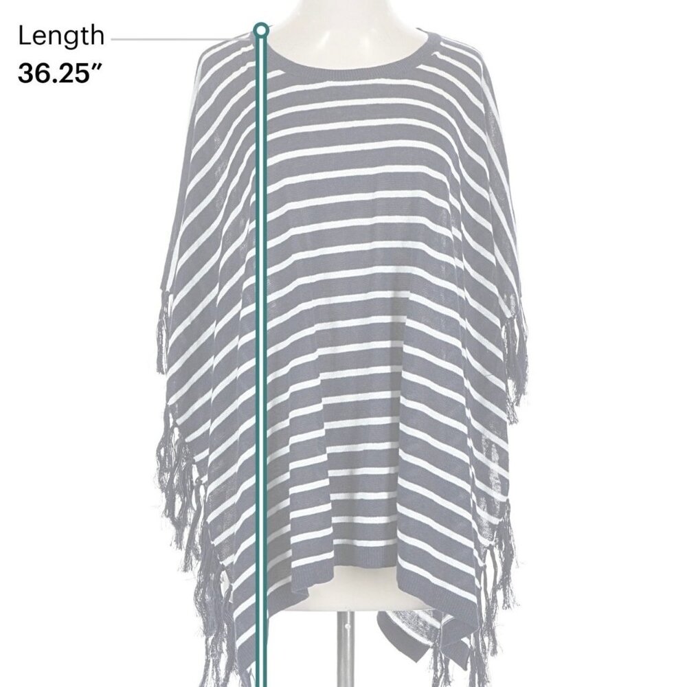 Talbots XS Blue White Striped Linen Blend Poncho Fringe Nautical Preppy Classic - Picture 6 of 8
